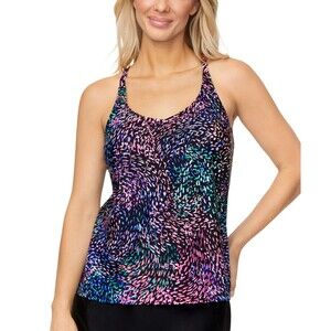 Island Escape Tankini Swim Top Womens 12 Black Pink Racerback Adjustable V Neck